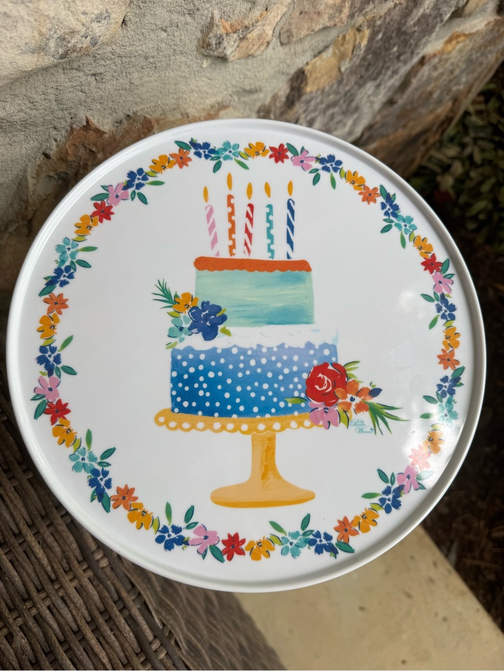 The Pioneer Woman Birthday Cake Stand 11” Floral Turquoise Melamine
